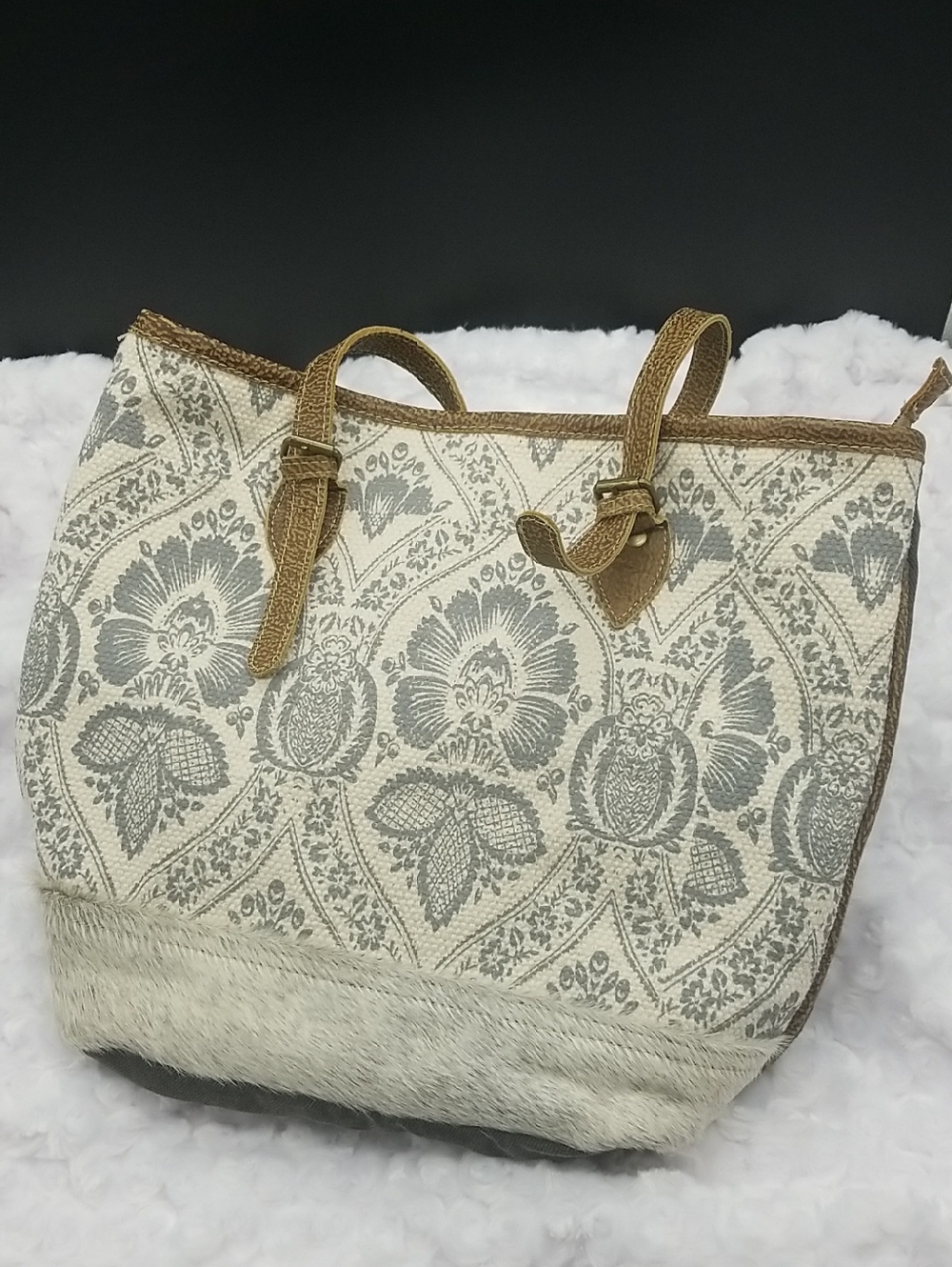 Myra Coll Dude Concealed Carry Hair On Hide Canvas & Leather Tote Bag